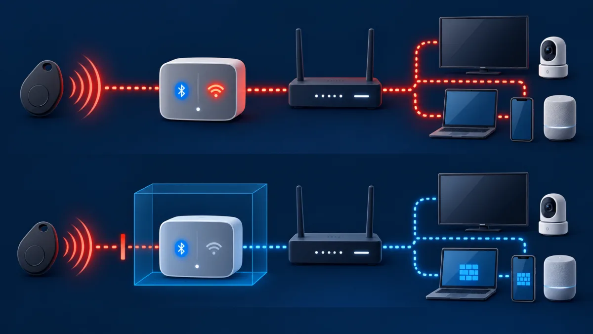 Comparison of an exposed Bluetooth and Wi-Fi hub reaching a flat home network with the same hub contained inside an isolated device zone