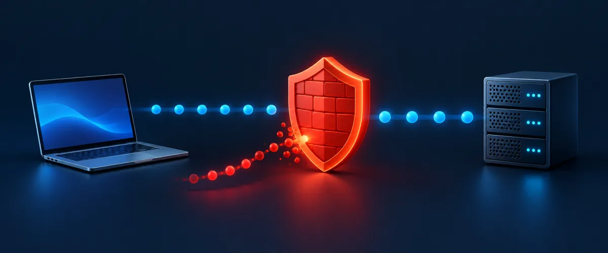 Simplified firewall decision path from packet arrival through policy, connection state, and allow or block result