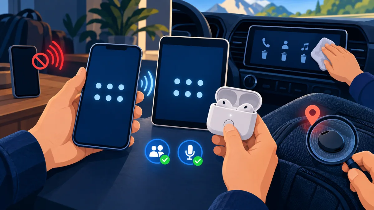 Safe Bluetooth pairing with matching verification patterns, a physical pairing control, limited permissions, a cleared rental car, a rejected unknown device, and a tracker check