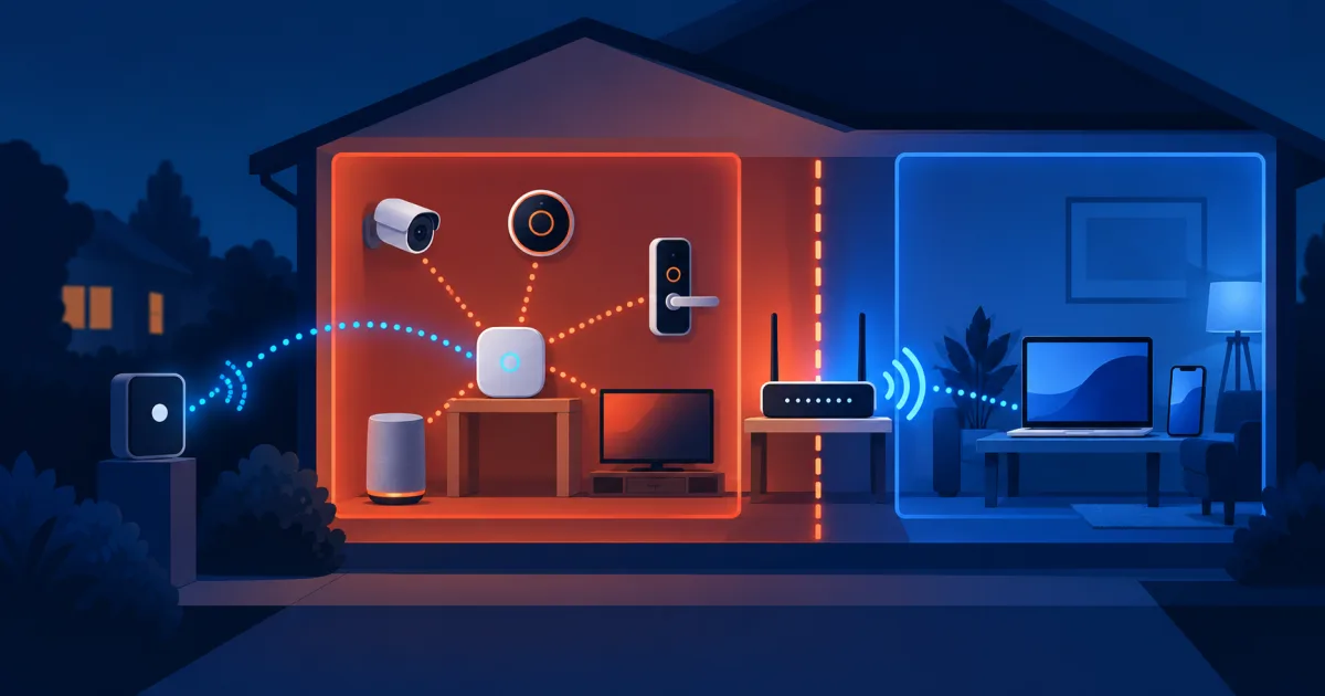 A dual-radio smart home hub contained in an isolated device network while trusted computers remain separated