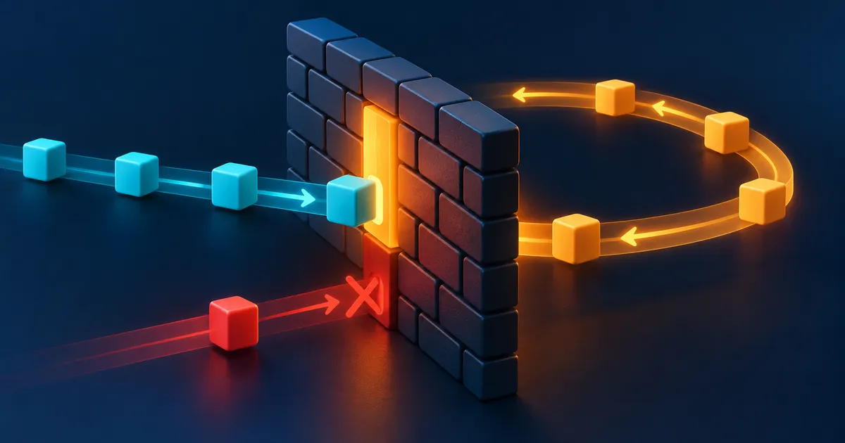 Packet paths showing a firewall evaluating a new connection, remembering return traffic, and blocking unrelated traffic