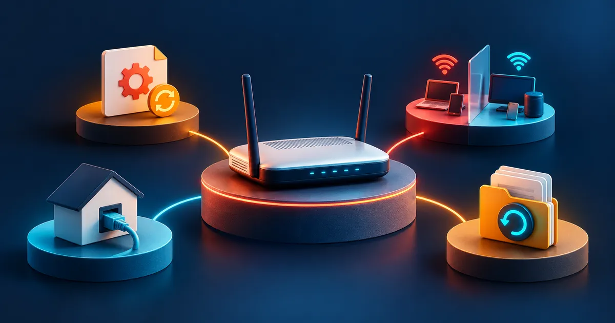 A home router connected to supported updates, separated devices, local administration, and configuration recovery